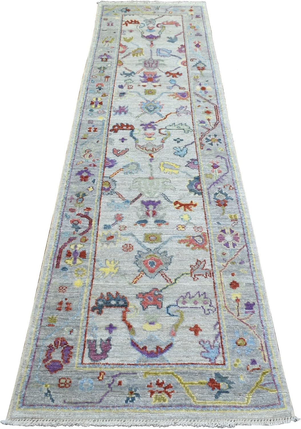 Silver Gray Pure Wool Hand Knotted Afghan Angora Ushak Natural Dyes Runner Oriental Rug (2'5"x9'8")