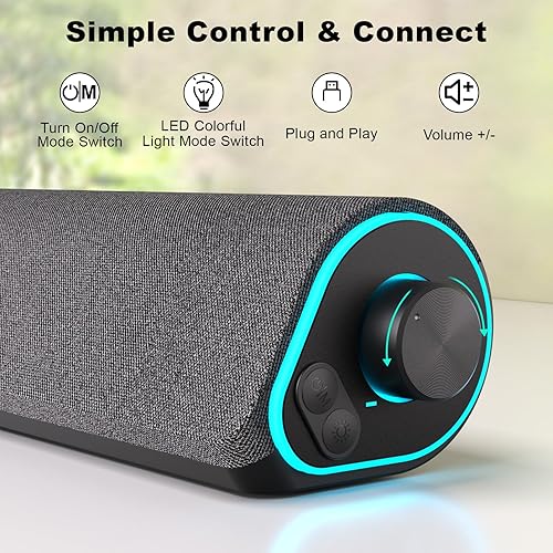 Miniatura 3 de SOULION Altavoces de computadora Bluetooth R50, barra de sonido de PC de 0.138 in para monitor de escritorio, con cable USB alimentado y luces LED