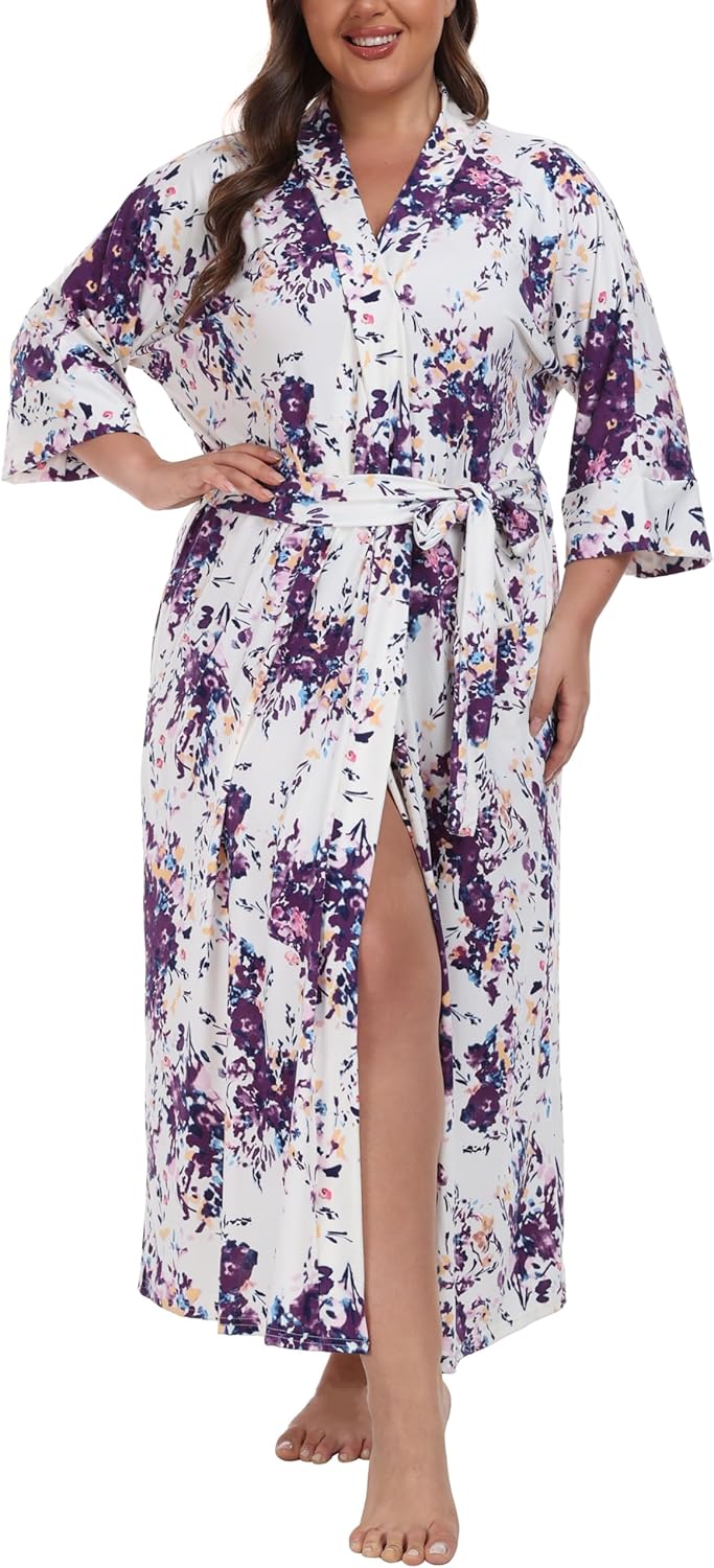 Women's Plus Size Cotton Kimono Robes Soft Long Knit Bathrobes Lightweight Sleepwear V-Neck Ladies Loungewear