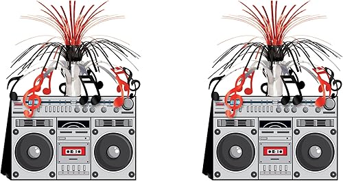 Beistle Paquete de 2 centros de mesa Boom Box, decoraciones de fiesta temática de la era de los años 80, decoración de mesa de fiesta musical de