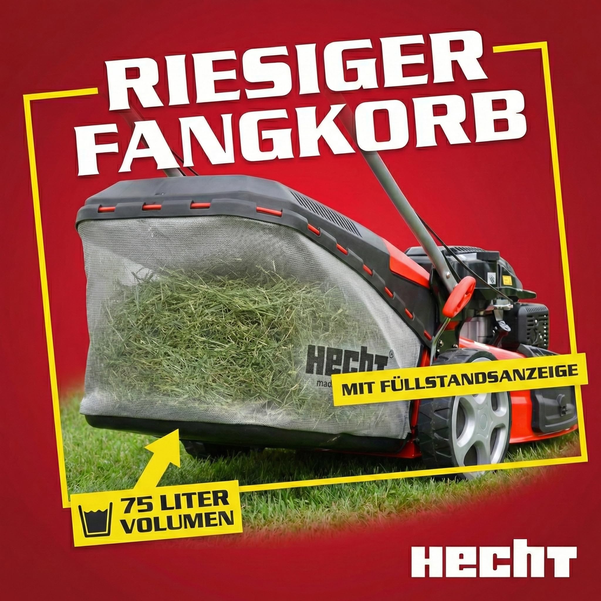 HECHT 5-IN-1 Benzin Rasenmäher – leistungsstarker 4 Takt Eco Motor 4,4 kW (6,0 PS) – Seilzug Starter – mit 53 cm Schnittbreite – 75 l Fangkorb – Radantrieb – patentierte Räder – Mulchmäher
