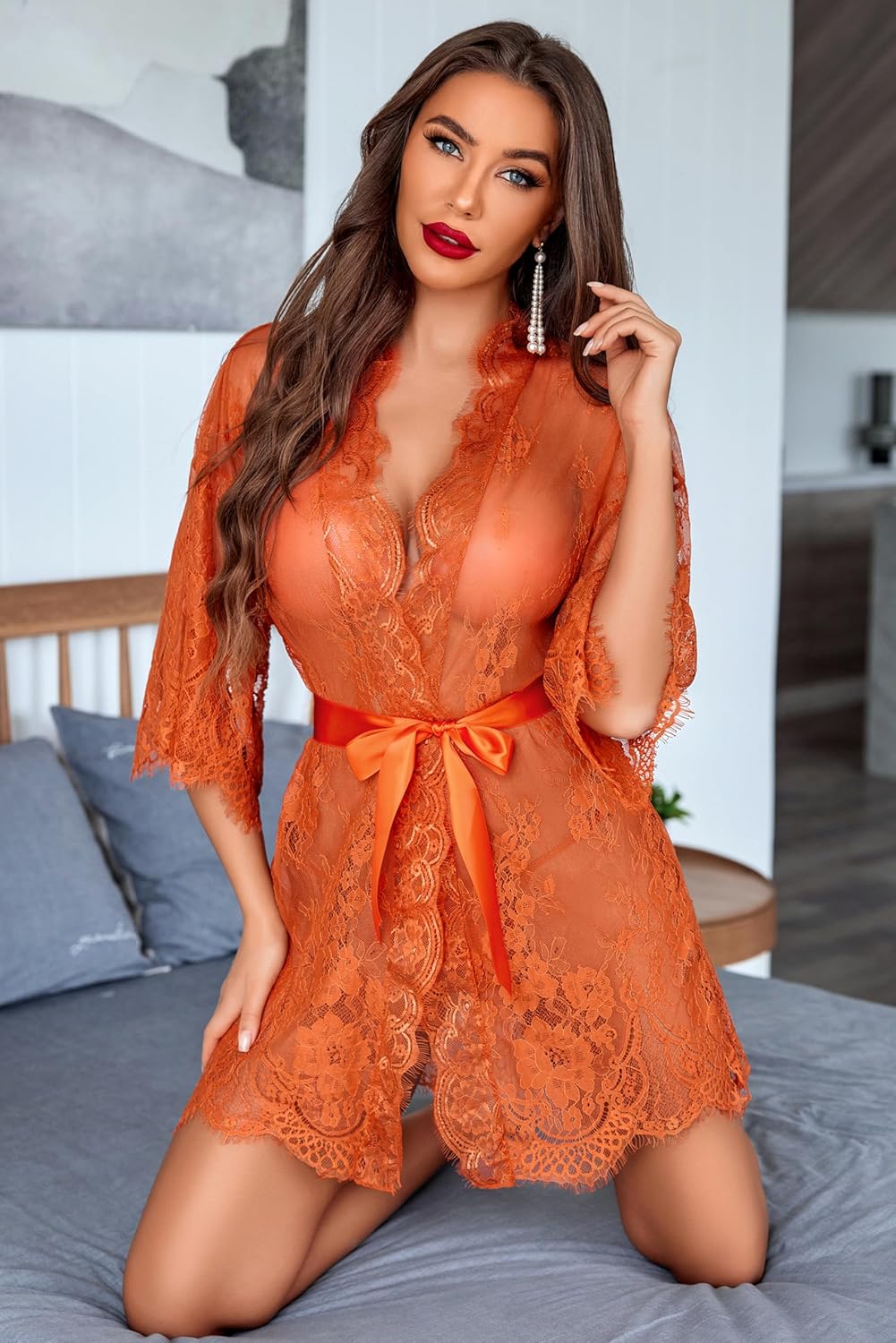Avidlove Women's Lace Kimono Robe Babydoll Lingerie Mesh Nightgown S-5XL - Image 7