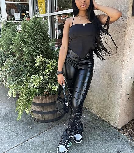 Miniatura 2 de Mintsnow Pantalones de cuero para mujer, elásticos, de cintura alta, fruncidos, mallas con abertura