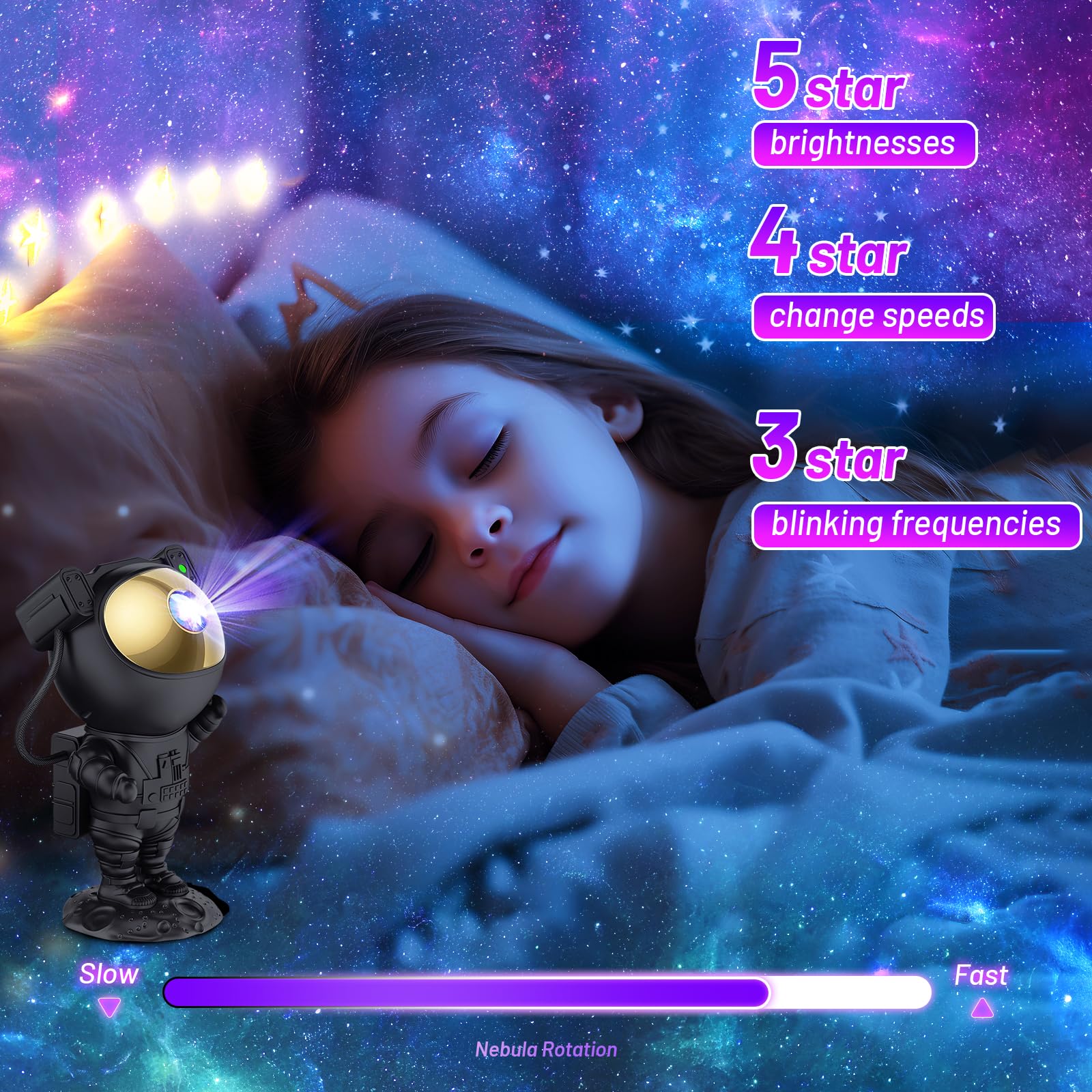 Astronauta Cielo Stellato Galassia Proiettore, Proiettore Stellare Astronauta con timer e telecomando,Testa Ruotabile a 360°,Luminosità e Velocità Regolabili, Regalo per Bambini e Adulti,Oro nero