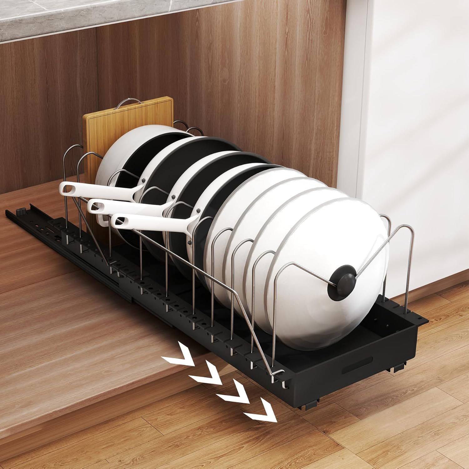 Adjustable Under-Cabinet Pot and Pan Organizer with Sliding Lid Holder