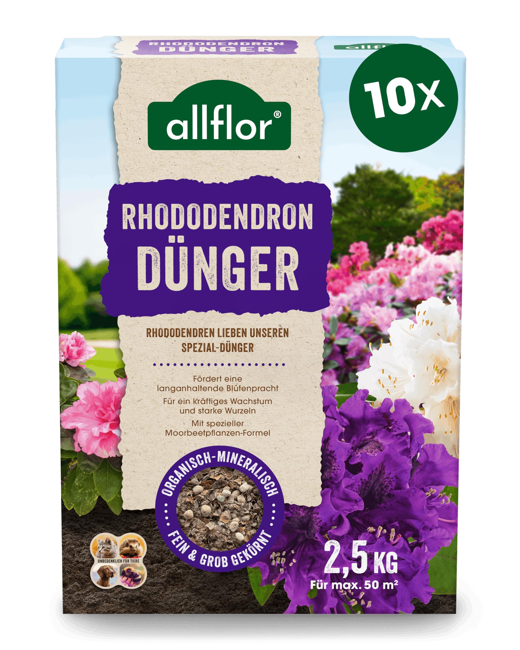 Allflor Rhododendrondünger I 10 x 2,5 Kg I Organisch-Mineralische Nährstoffkombination für Moorbeetpflanzen I Rhododendron Dünger in der Faltschachtel I Magnesium-betontes Düngemittel