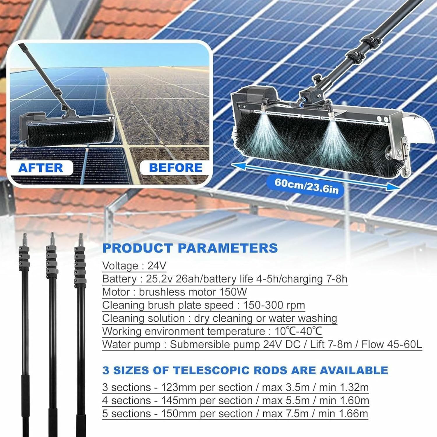 Solar-reinigungsbürste/waschbürste Auto mit Nass- und Trockenwasserreinigung mit Teleskopstange aus Aluminiumlegierung, 60 cm/23,6 Zoll Handrollenbürste, 750cm/24.6ft
