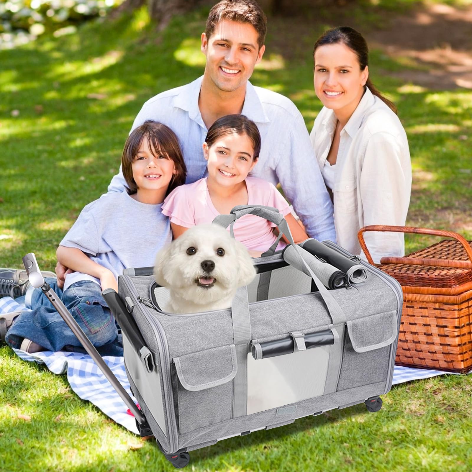 PETCUTE Trasportino per Gatti Cani con Ruote,Borsa da Viaggio Portatile per Animali Domestici con Manico Telescopico,Traspirante Pieghevole Trasportino per Cani con Cintura di Sicurezza Integrata