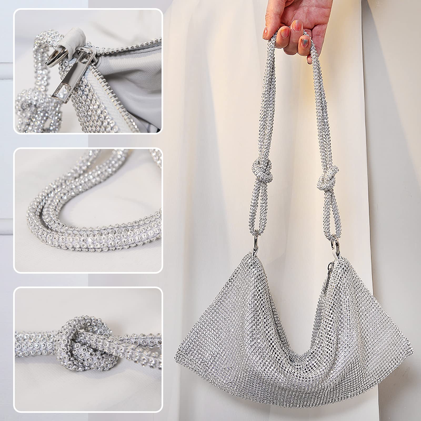 CORIOS Abendtasche Damen Shiny Strass Handtasche Glitzer Umhängetasche Diamant Clutch Bag Klein Tasche Strasssteine Schultertasche für Hochzeit Abschlussball Bankett-Party Silber