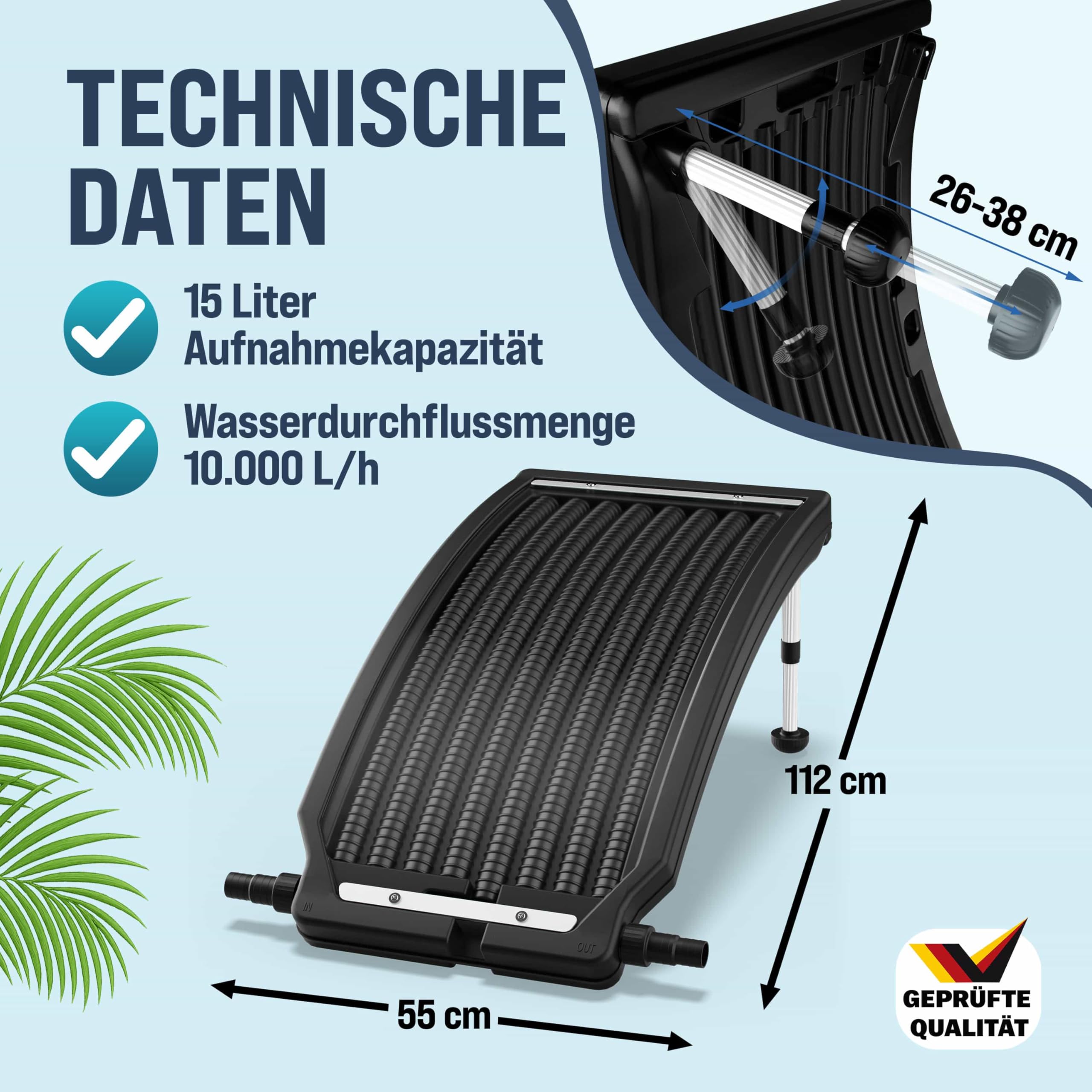Monzana® Sonnenkollektor Pool 112x55x14cm 10000 L/h Höhenverstellbar 32/38mm Anschluss UV-Beständig Erweiterbar Poolheizung Solar Heizung Wasser