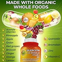 Vista 2 de Quercetina con bromelina, vitamina C y zinc enriquecida con alimentos integrales orgánicos - 1215 mg por porción - Cápsulas de quercetina fitosoma