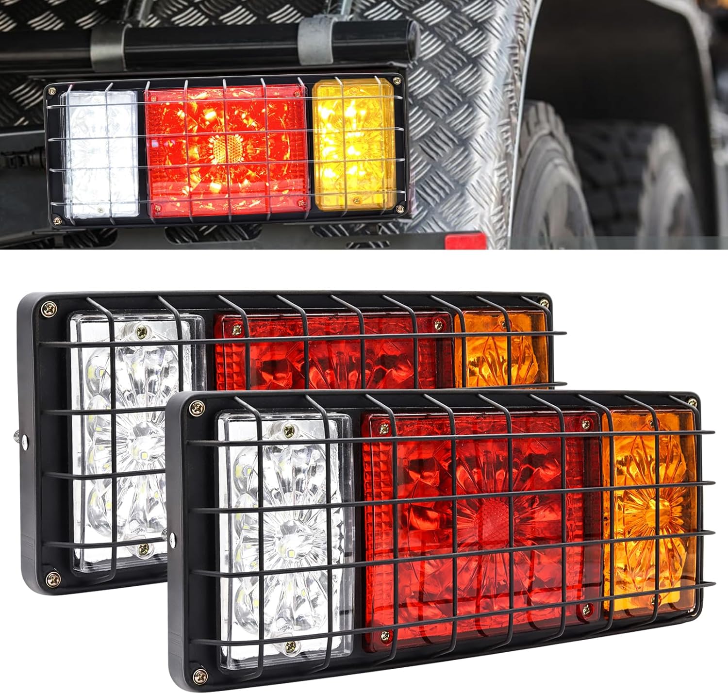 Biqing LED Trailer Tail Lights,32 LED Truck Rear Light Trailer Lights with Reverse Running Light Turn Signal Brake Light 24V with Iron Net for Truck Boat Trailer UTV UTE RV Camper Pickup,2pcs