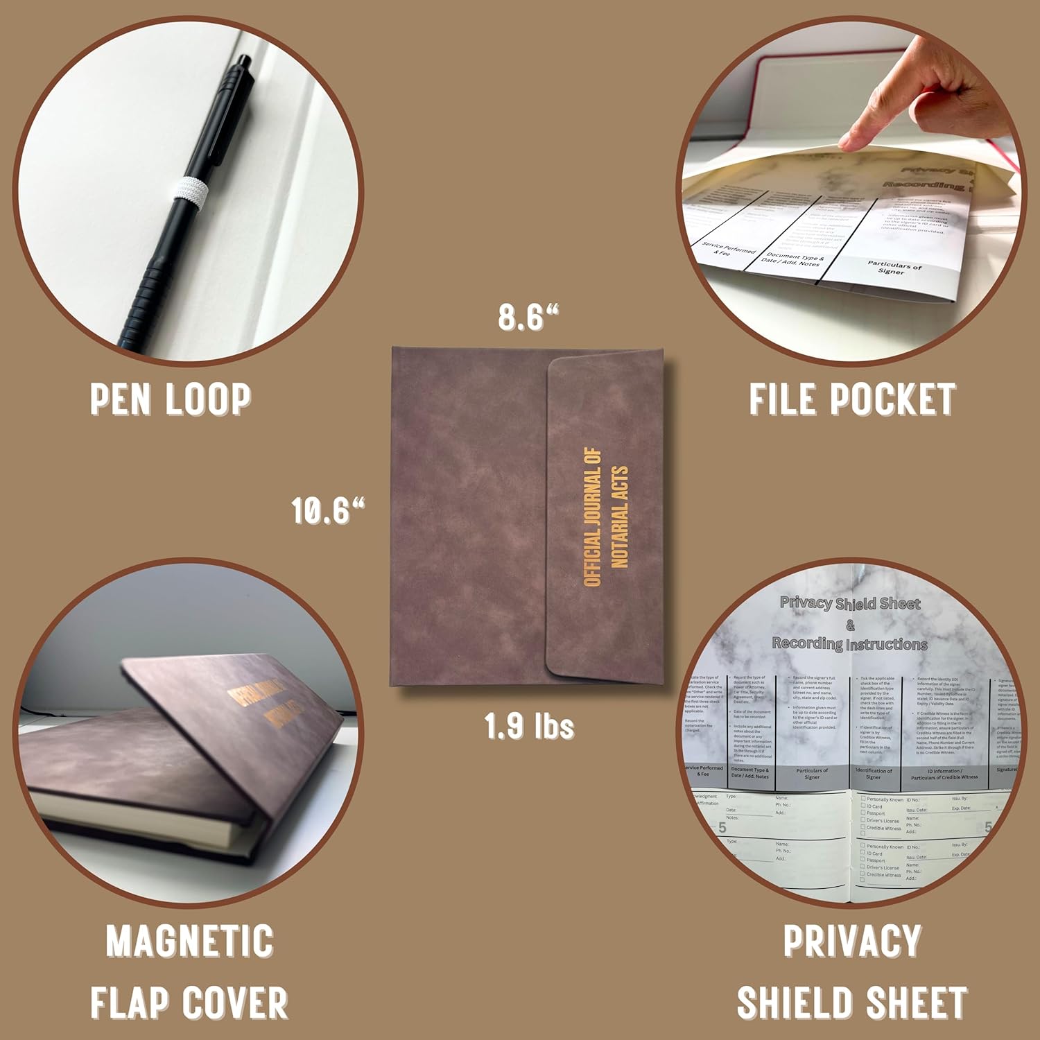 JC Classics Notary Journal Log Book Hardcover with Privacy Guard - Notary Log Book with 522 Notarial Record Entries - Compliant Notary Journal for Notaries for All States Except HI (Brown)
