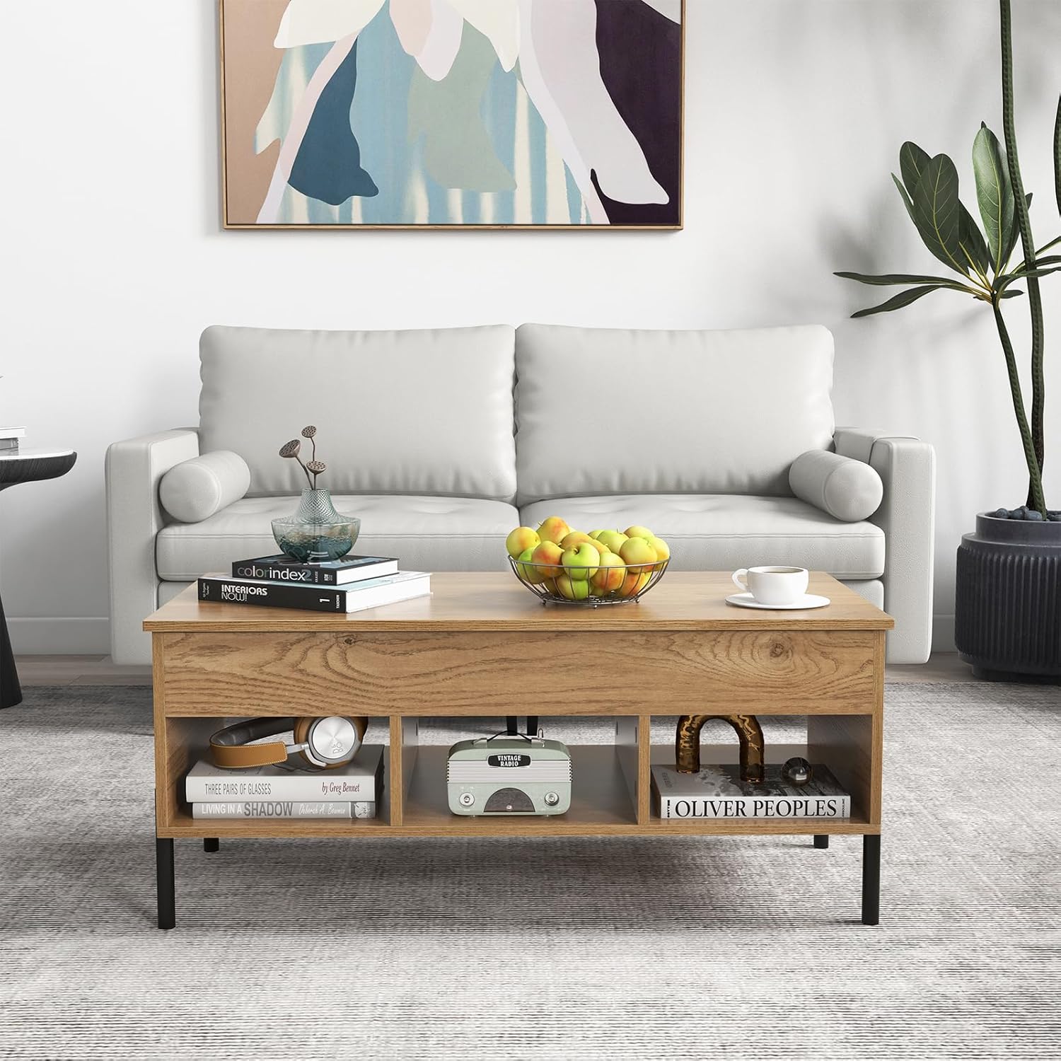 Giantex Lift Top Coffee Table - Rectangular Wooden Table w/Hidden Compartment & Open Storage Shelves, Multifunctional Modern Flip Top Center Table for Living Room, Reception Room, Office (Natural)