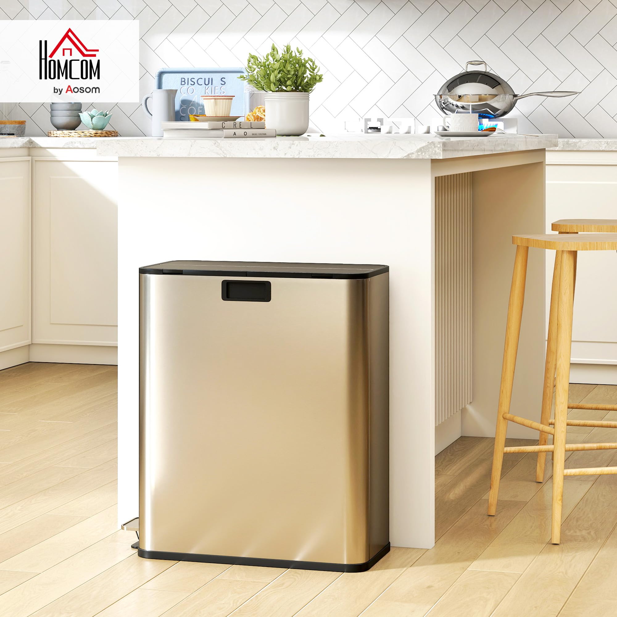 HOMCOM Küchenmülleimer 2 x 28L Edelstahl-Tretmülleimer mit Soft-Close-Schmetterlingsdeckel, herausnehmbaren Inneneimern, 2 Fächern, Mülltrennsysteme, für Recycling und Müll, Silberton