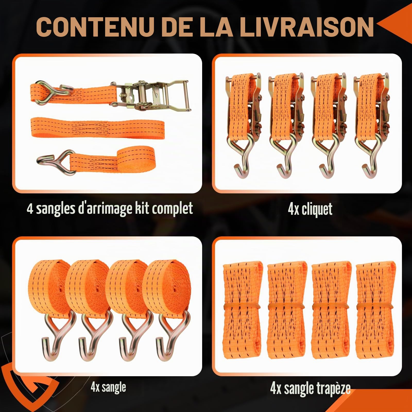 GEARMONSTER Lot de 4 sangles d'arrimage pour transport de voiture, 3 m, 35 mm, 2000 daN, sangle d'arrimage à cliquet avec crochet pour la sécurité des roues sur remorque, voiture, véhicule