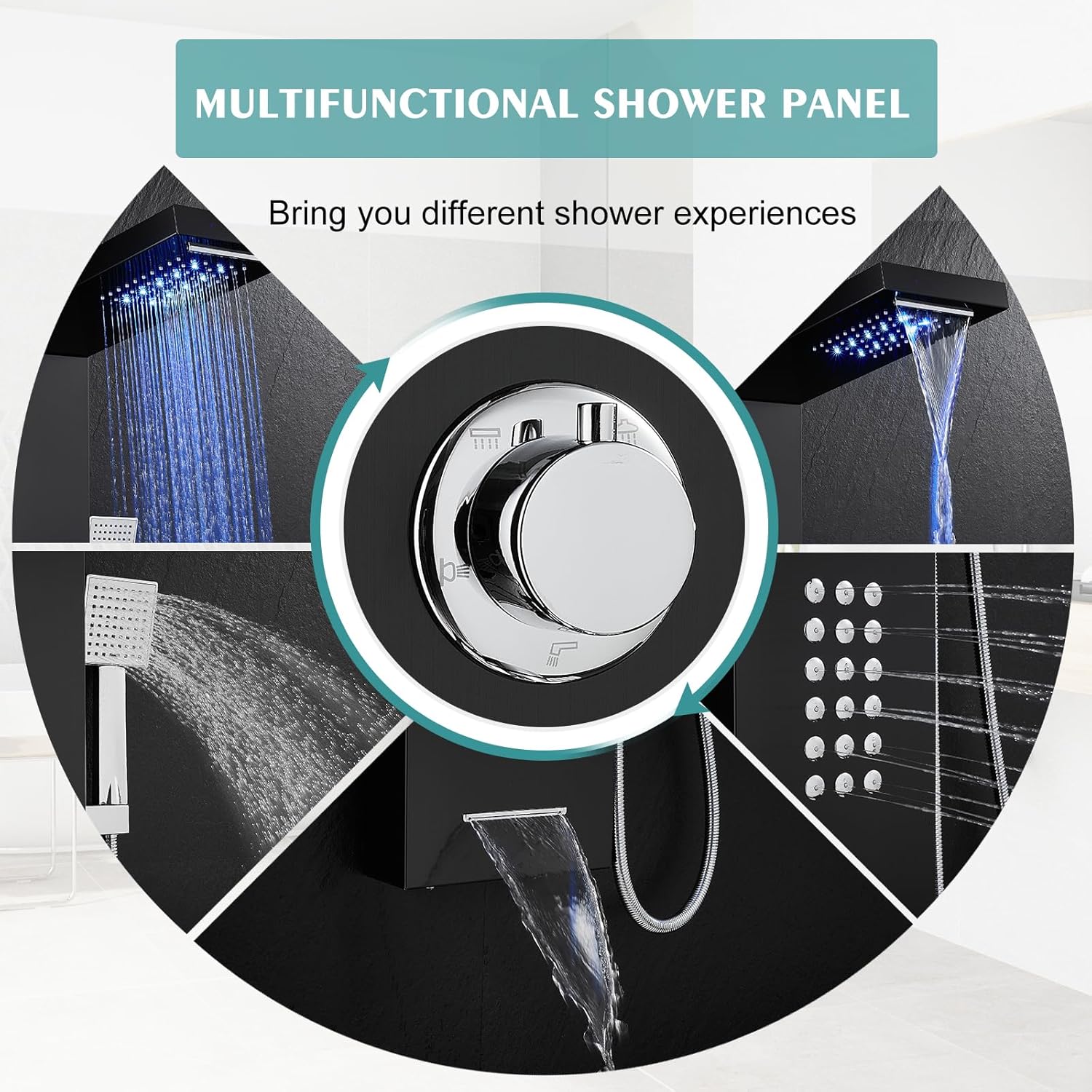 LED Shower Panel Tower System Black with Rainfall Waterfall Shower Head, 5-in-1 Shower Tower with Powerful Body Jets, Handheld Shower and Tub Spout, High Pressure Shower Column Stainless Steel