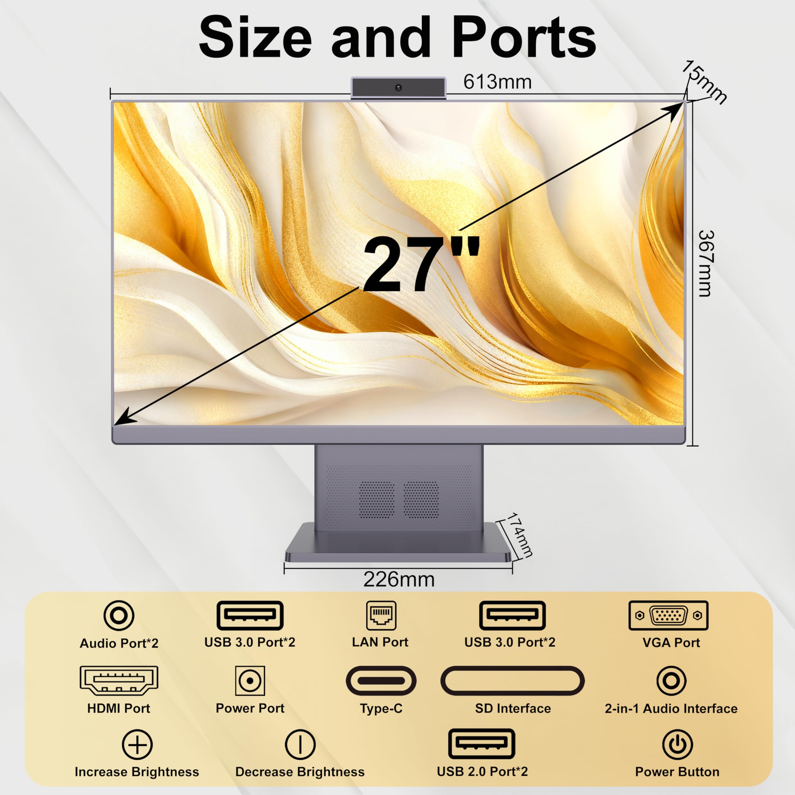 27 Pollici All in One PC Ryzen 5 7640HS (fino a 5.0GHz) 6 Core Processore Computer All in One 16GB RAM 512GB SSD con Webcram WiFi6 Bluetooth5.3 Wired Keyboard & Mouse