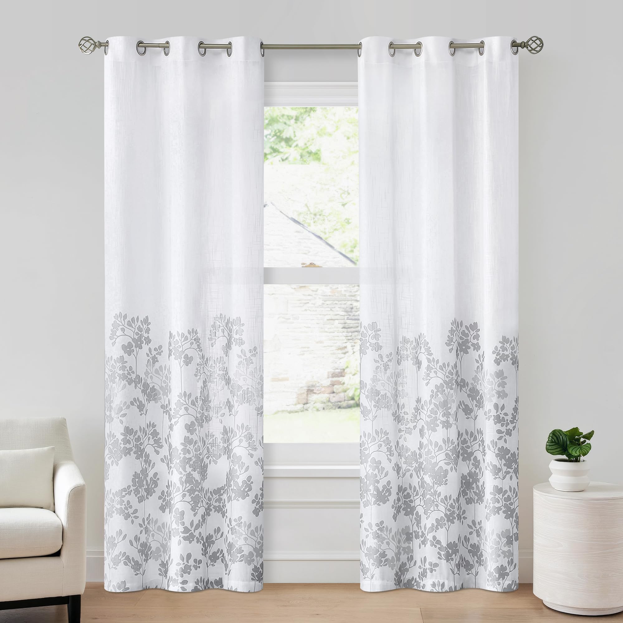 Metro Parlor Farmhouse Semi Sheer Linen Curtains 84 Inches Long 2 Panels Decorative for Living Room Dining Room Bedroom Grey Floral Patterned Grommet Top Textured Window Treatment Drapes,42x84