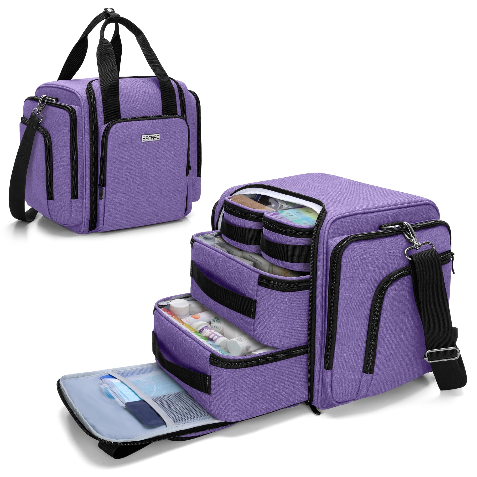 BAFASO Large Pill Bottle Organizer with 4 Inner Removable Pouches Bundle with Large Sewing Organizer Bag Purple