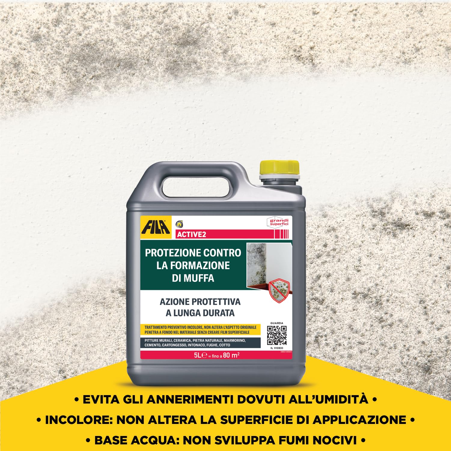 FILA Surface Care Solutions, ACTIVE2, Protettivo Anti Muffa contro la Ricomparsa, Antimuffa per Muri Interni al posto della Vernice Antimuffa, Trattamento Liquido Trasparente Protettivo, 5L