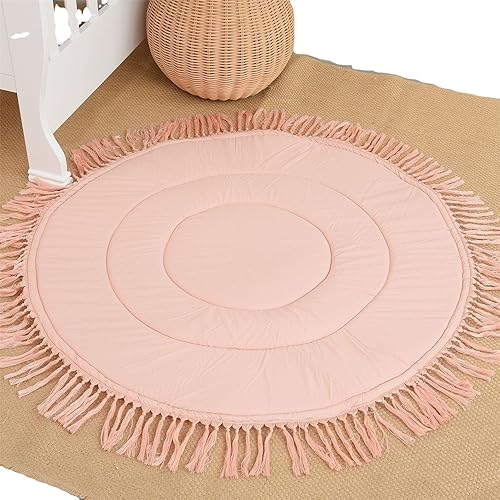 ABREEZE Tapete redondo de algodón para bebé tapete de juego con borla para bebé cojín de gateo tapete de suelo para niños decoración de cuarto de