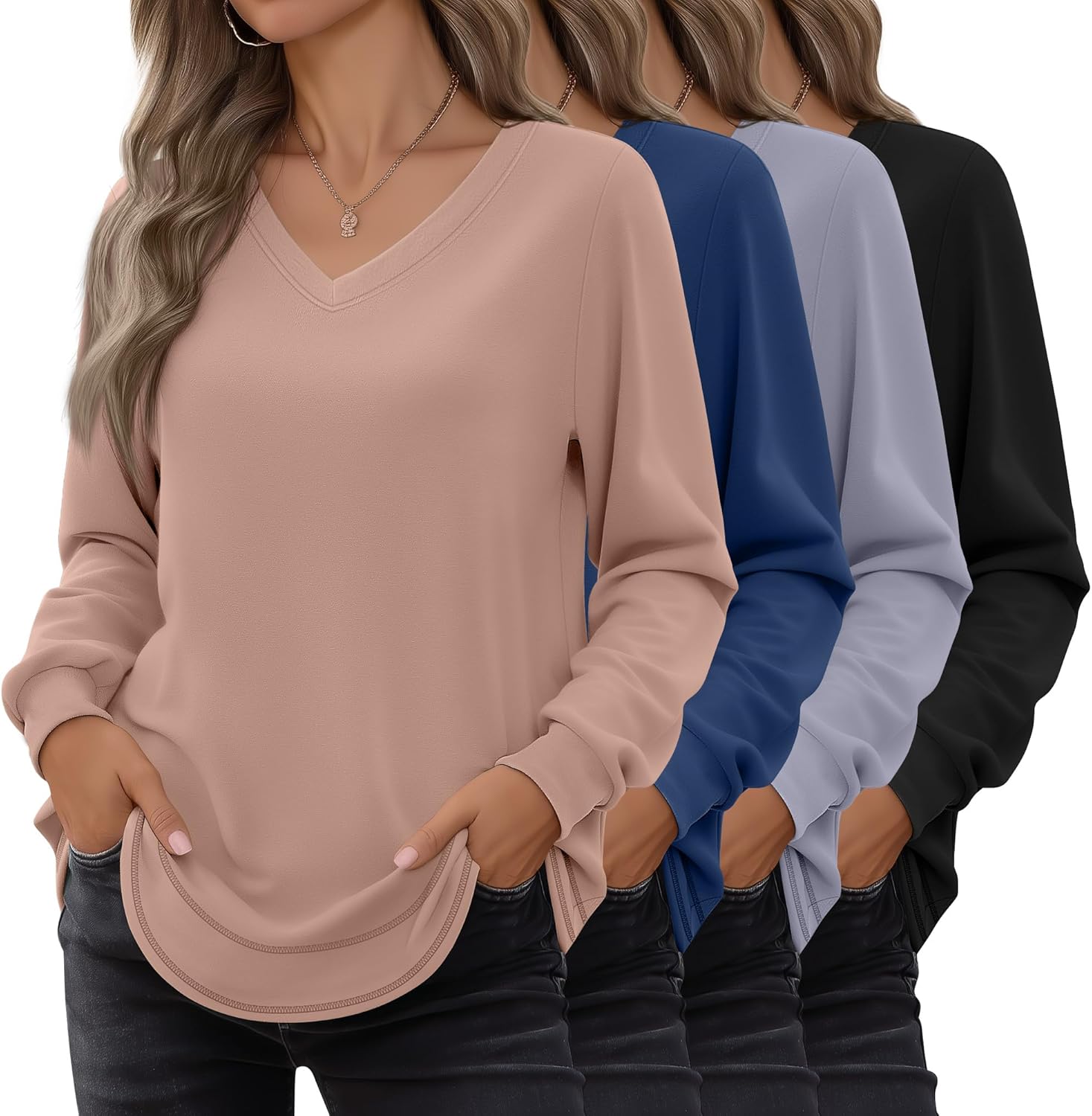 Velvelhall 4 Pack Womens Long Sleeve T Shirts Cotton V Neck Loose Fit Causal Fall Tops Curved Hem Trendy Clothes