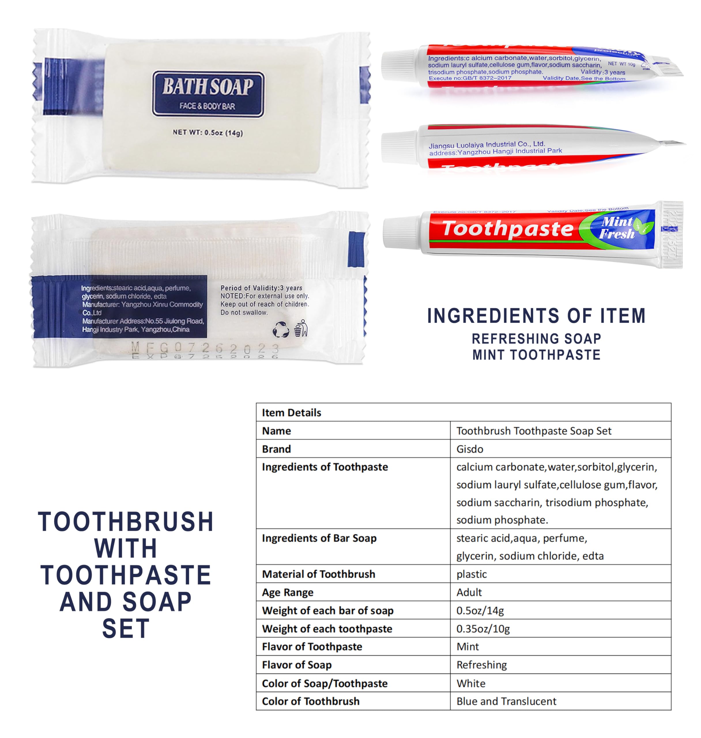 50 confezioni di spazzolini da denti usa e getta con sapone dentifricio confezionati singolarmente, 2 colori, barretta di sapone da 0,5 oz Dimensione viaggio hotel