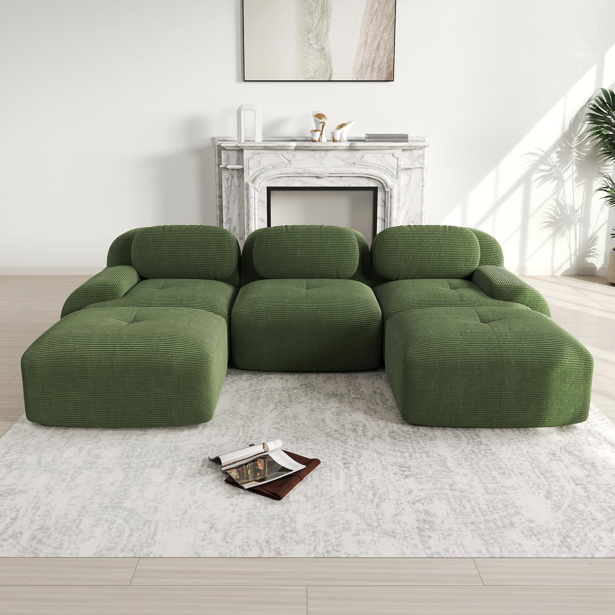 Divano a U Premium Green modulare senza montaggio, antiscivolo per animali domestici, braccioli extra larghi 32D, imbottitura altamente elastica per soggiorno, camera da letto, ufficio