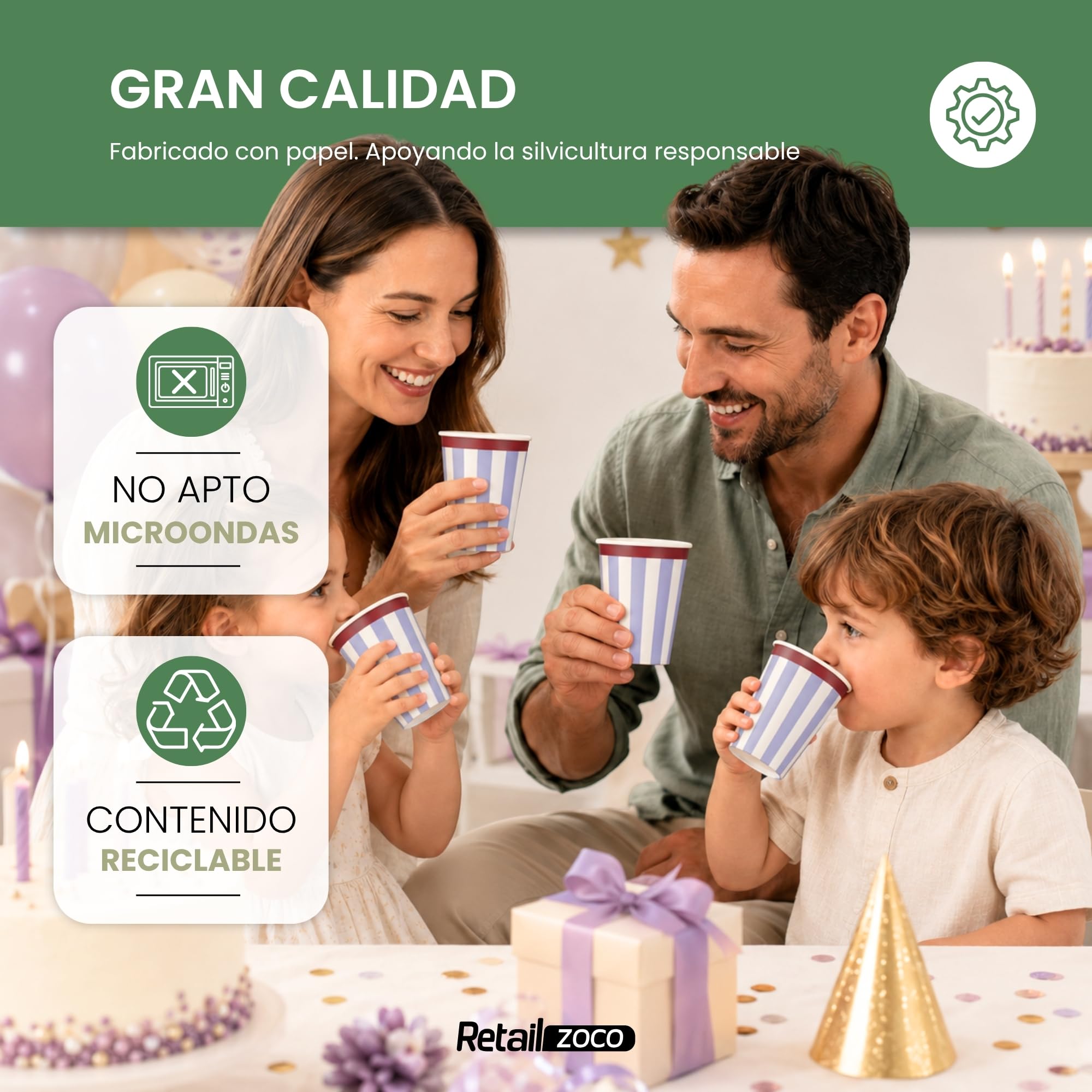 Vasos de cumpleaños, Vasos Desechables cartón, Diseño Rayas, 6 Unidades - imagen 5