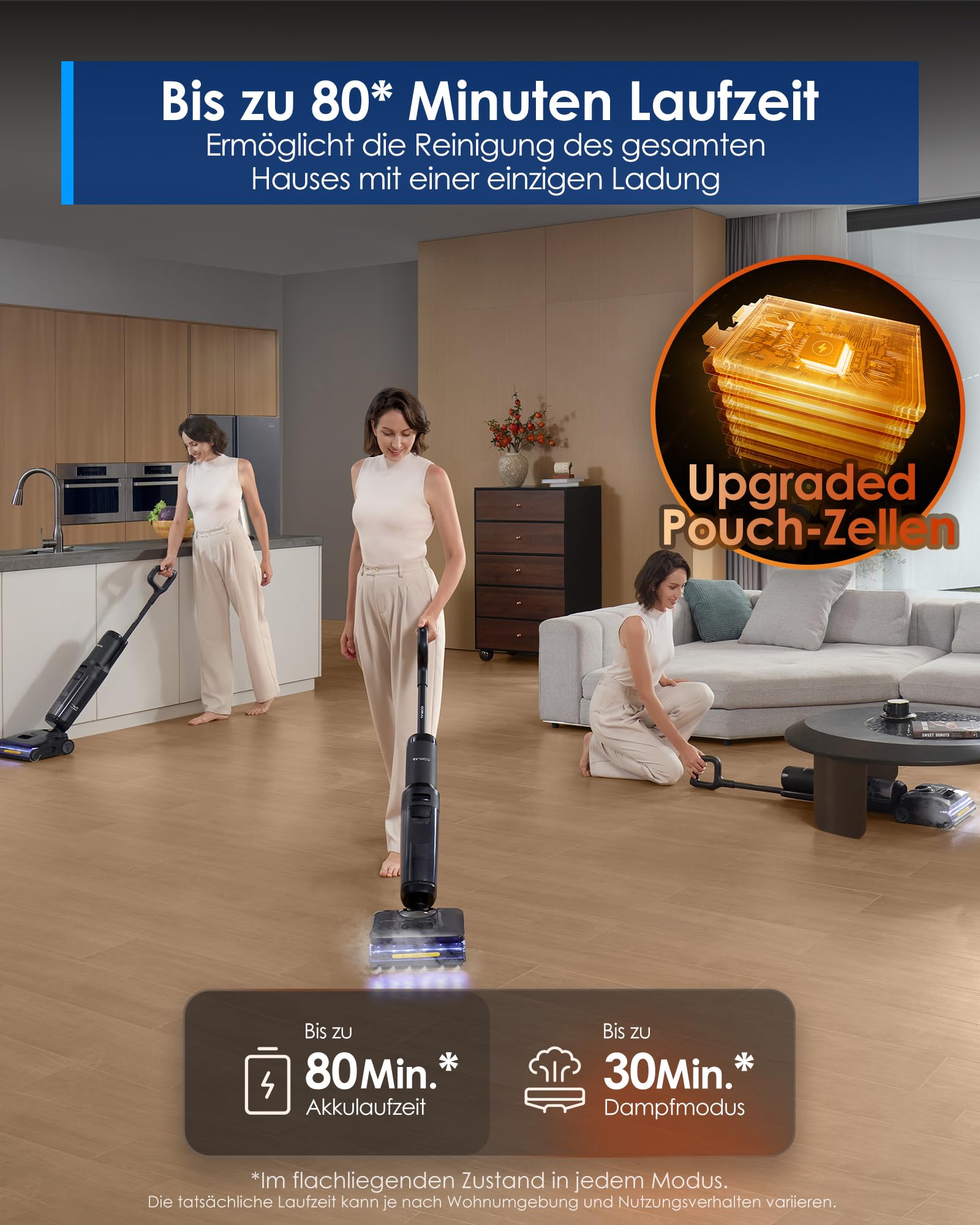 Tineco FLOOR ONE S7 Stretch Steam Nass Trockensauger 160 °C HyperSteam Dampfreiniger, 80 Min Laufzeit, DualBlock Anti-Tangle