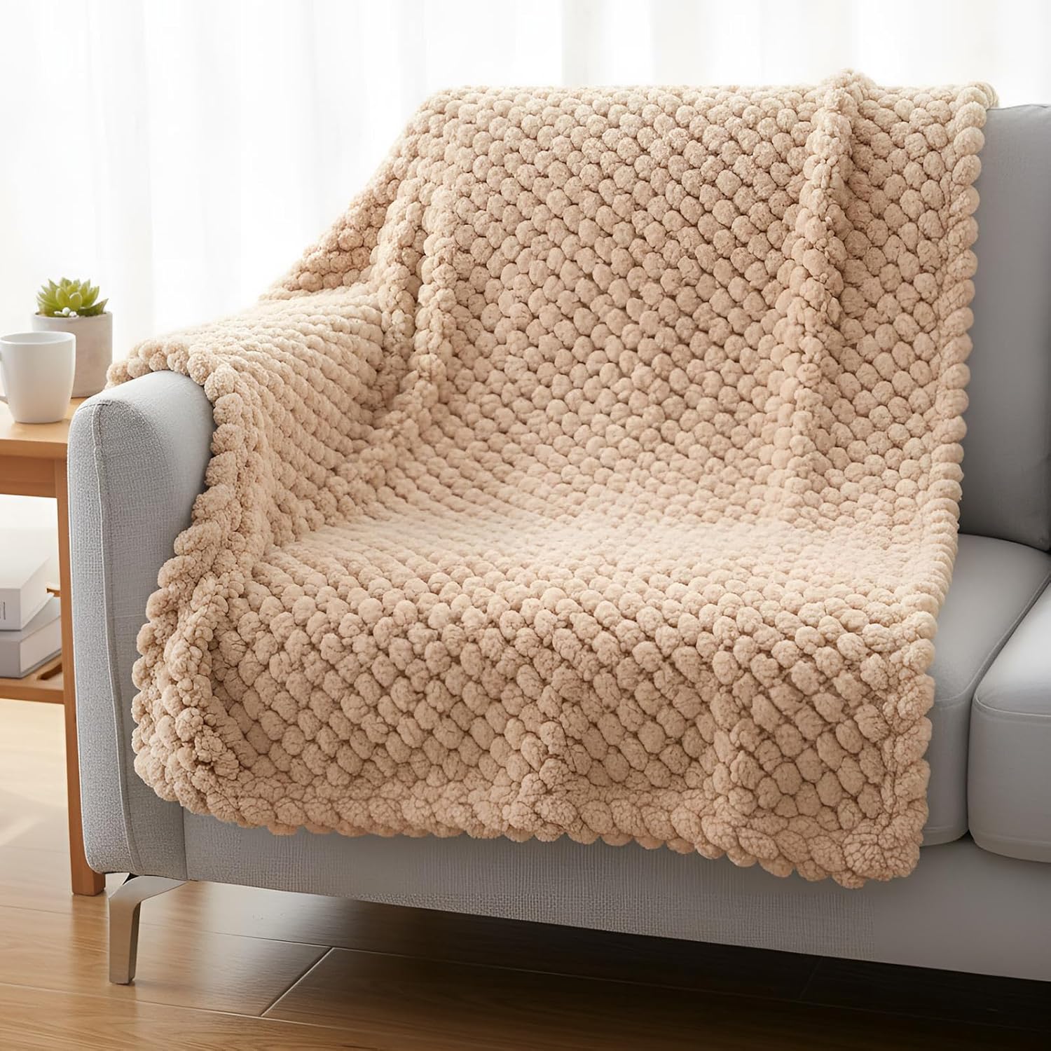 Timgle Winter Gift 8 Skeins Pom Pom Ball Yarn for Hand Knitting Crochet Blanket, Chunky Super Bulky Yarns Polyester for Crochet Soft Warm Mat Pet Nest, 130g/skein(Khaki)