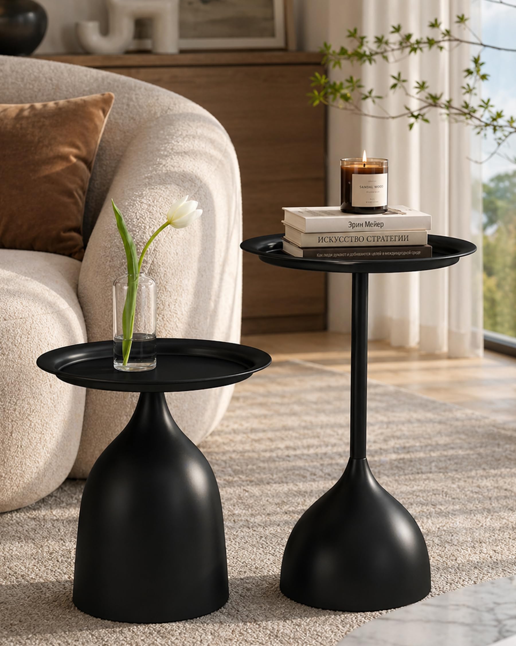 Lot de 2 Table d'Appoint Noire en Métal, Bout de Canapé Design Rond, Petite Table Basse Salon ou Extérieur, Guéridon Moderne pour Espace Réduit, Hauteur 42/60cm