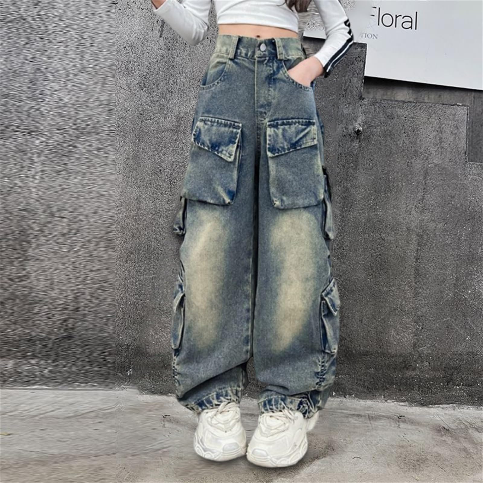 Pantalones vaqueros para niñas rotos y descoloridos, holgados, de pierna ancha, pantalones de mezclilla casuales, talla 5 – 16
