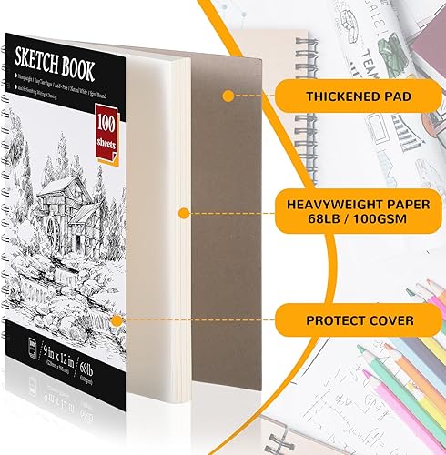 Miniatura 2 de Harloon Cuaderno de bocetos de 9 x 12 pulgadas, 100 hojas cada una (68 libras3.53 ozm), cuaderno de dibujo de medios mixtos para adultos, niños,
