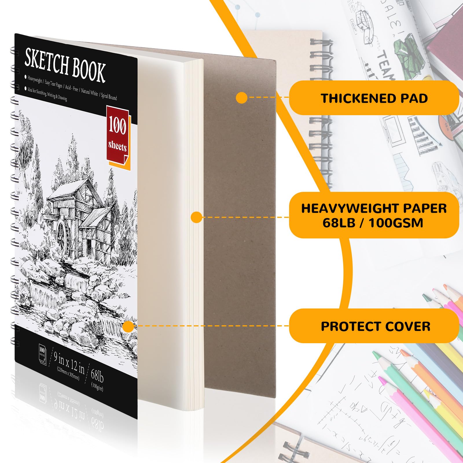 Harloon Lot de 4 carnets de croquis de 22,9 x 30,5 cm, 100 g/m² chacun (30,8 kg/100 g/m²), papier à dessin pour adultes, enfants, étudiants, débutants, artistes
