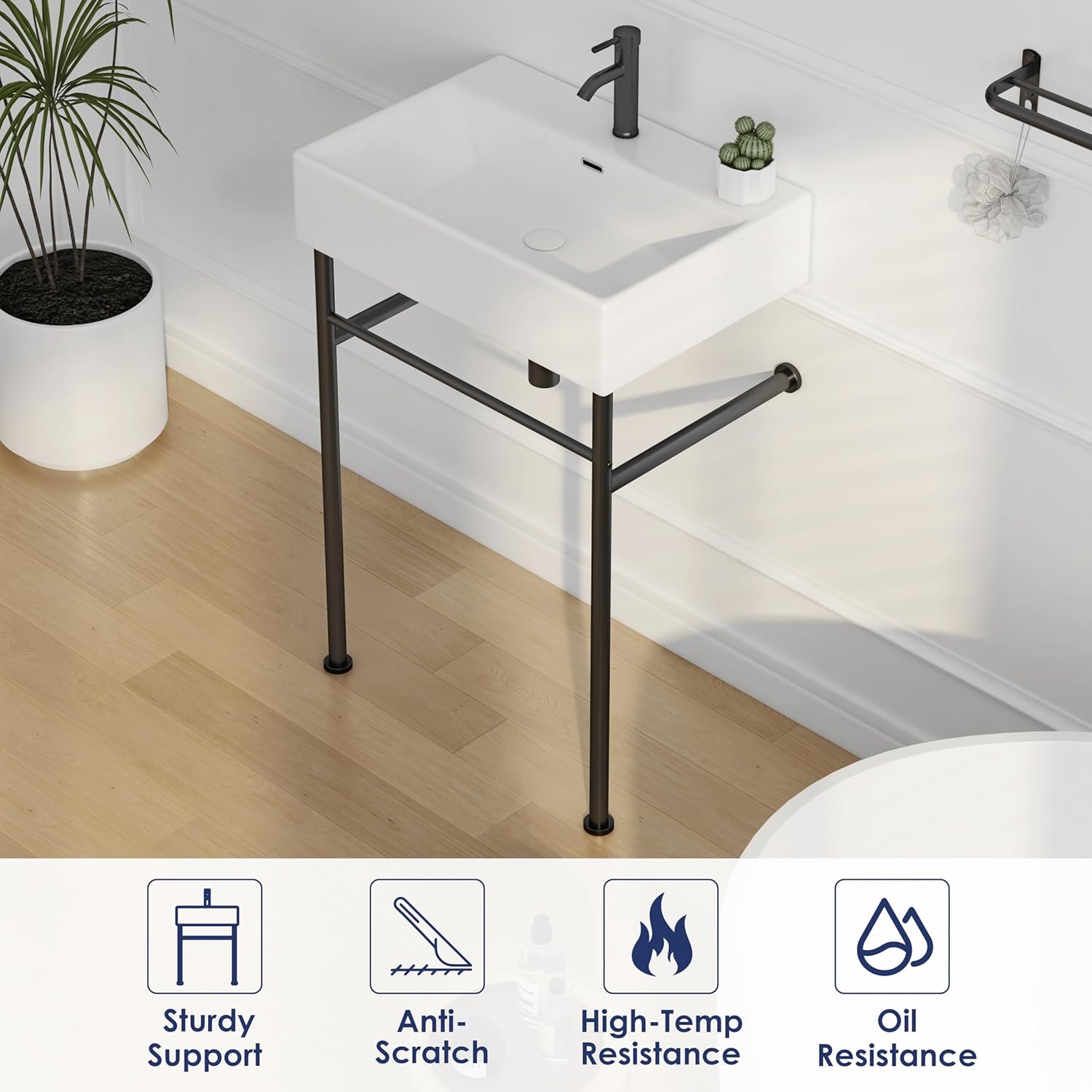 Eridanus 24"x16" Console Bathroom Sink, Free Standing 30 Inch Stainless Steel Support Pedestal Legs, Wall Mount White Vessel Ceramic Vanity Basin, Modern Rectangular Sinks Porcelain, Matte Black