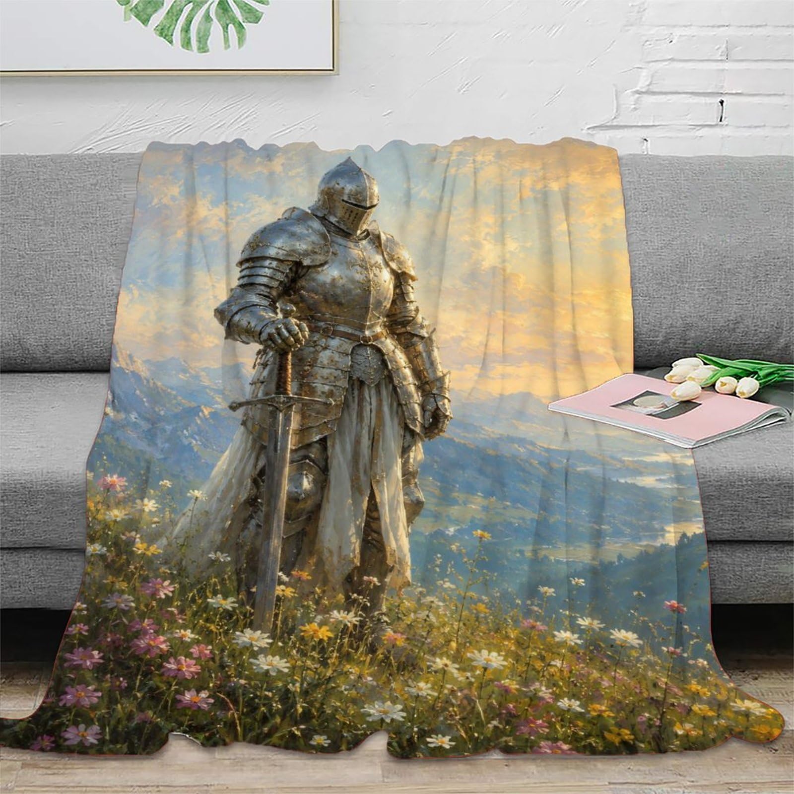 H3B8U2Y5 Medieval Knight Mountain Blanket, Flannel, Nap, Dramatic Oil Style