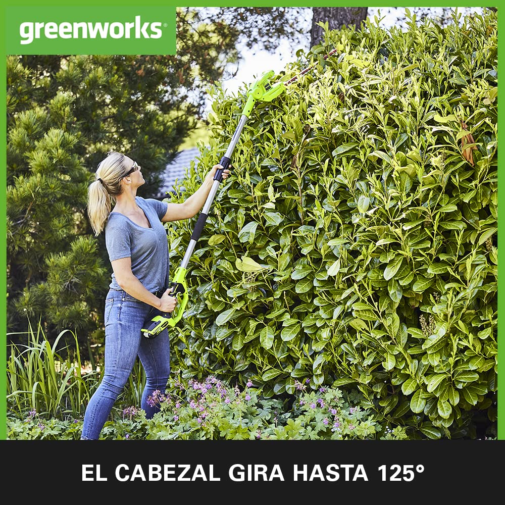 Greenworks G24PH51 Cortasetos Pértiga a Batería con Eje Divisible, Cuchillas Doble Acción 51 cm, Cortes 18 mm, Pivote Cabezal de 125°, 1500 spm SIN Batería 24 V ni Cargador