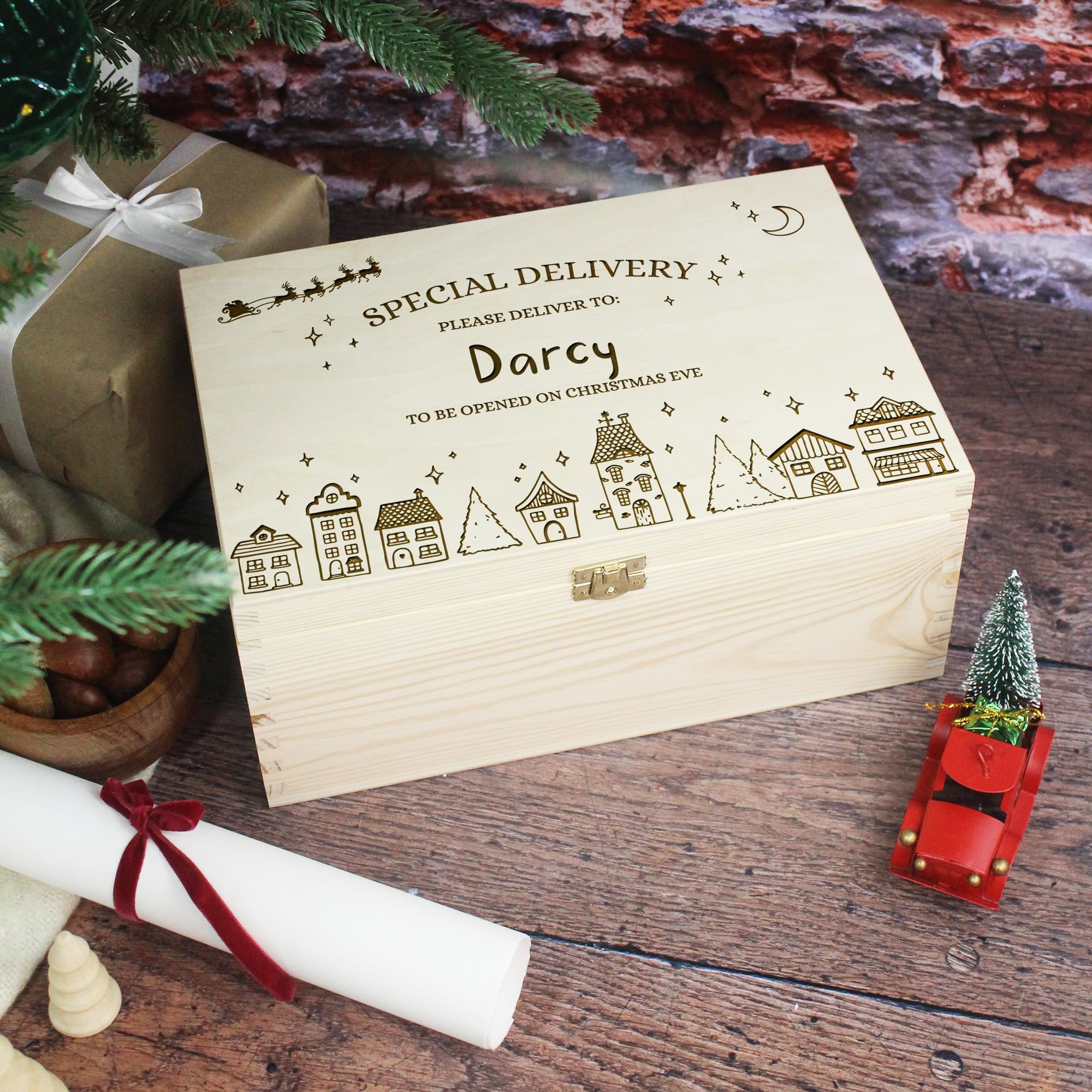 Ebuygb Brown Personalised Large Wooden Christmas Eve Box, Magical Village Theme, Luxury Christmas Eve Crate, Night Before Christmas Box, 30W X 20D X 13.5H