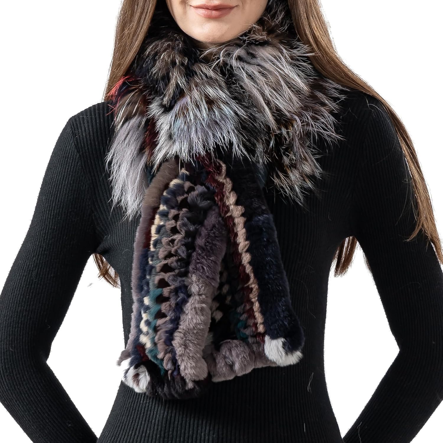 LVCOMEFF Women Real Fox Fur Knitted Rex Rabbit Fur Scarf Furry Neck Warmer with Tassel Outdoor