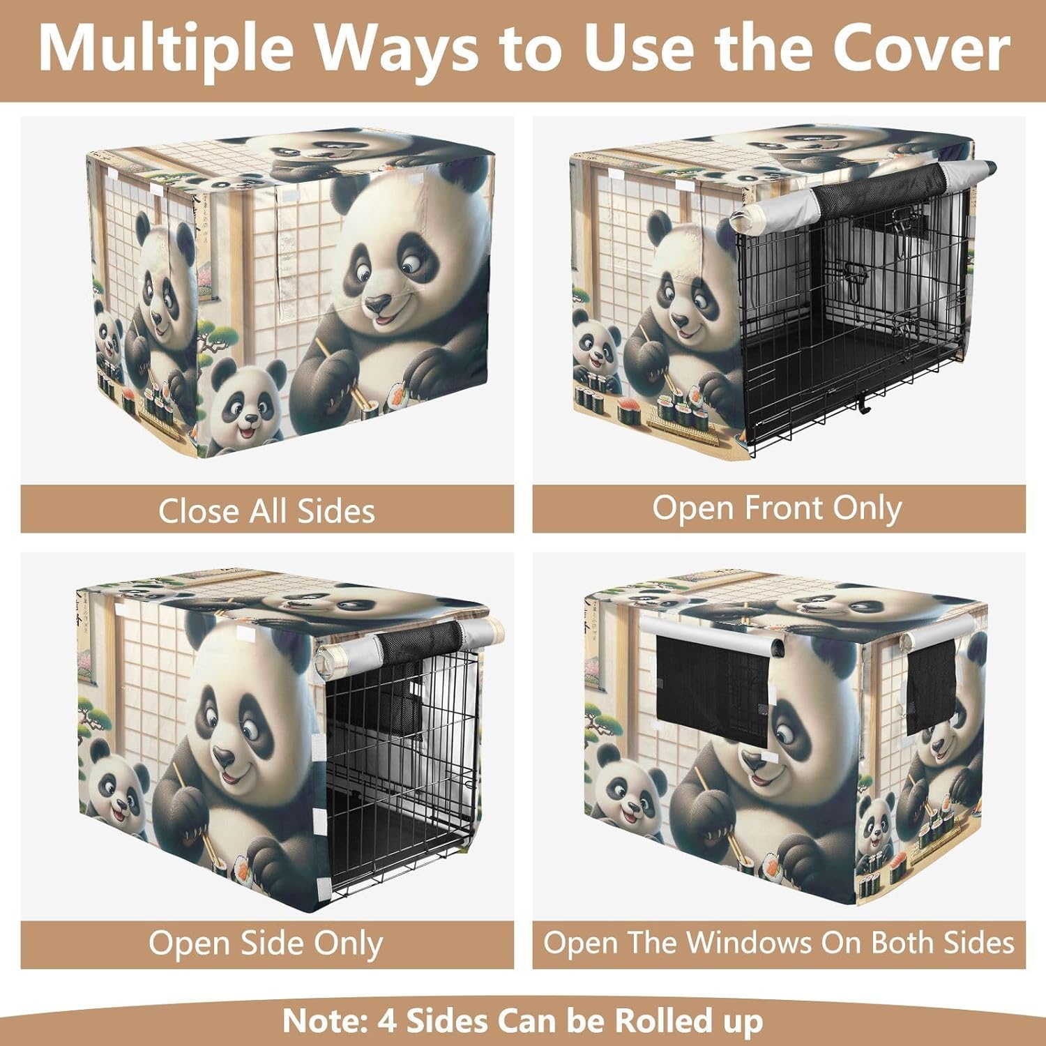Sushi Pandas Dog Crate Cover Fixed Buckle at Bottom, Pet Cage Cover with Mesh Windows, Large