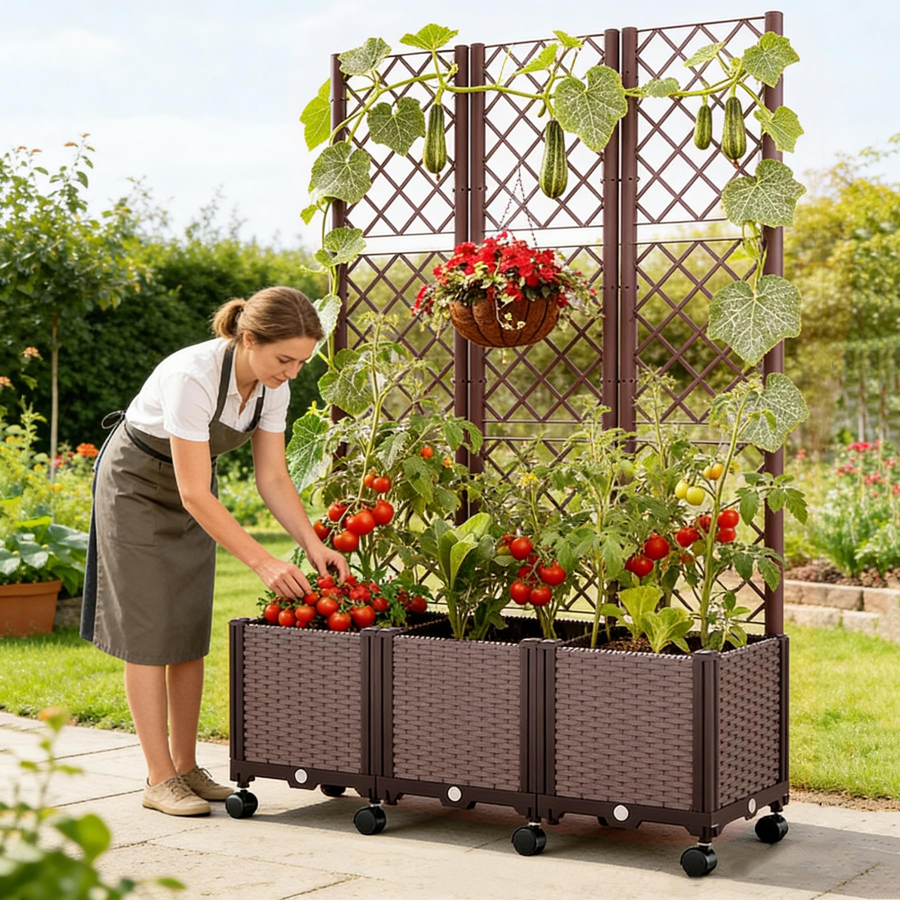 Jardinera elevada con Celosía y Autoriego, Cama de Jardín con 3 Maceteros y 8 Ruedas, Enrejado Soporte para Plantas Trepadoras, Verduras, Flores y Pantalla de Privacidad