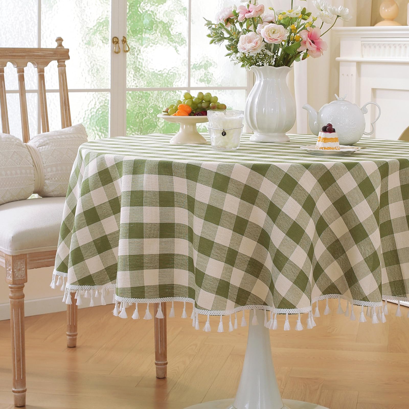Laolitou Green Checkered Spring 60 Inch Round Tablecloth