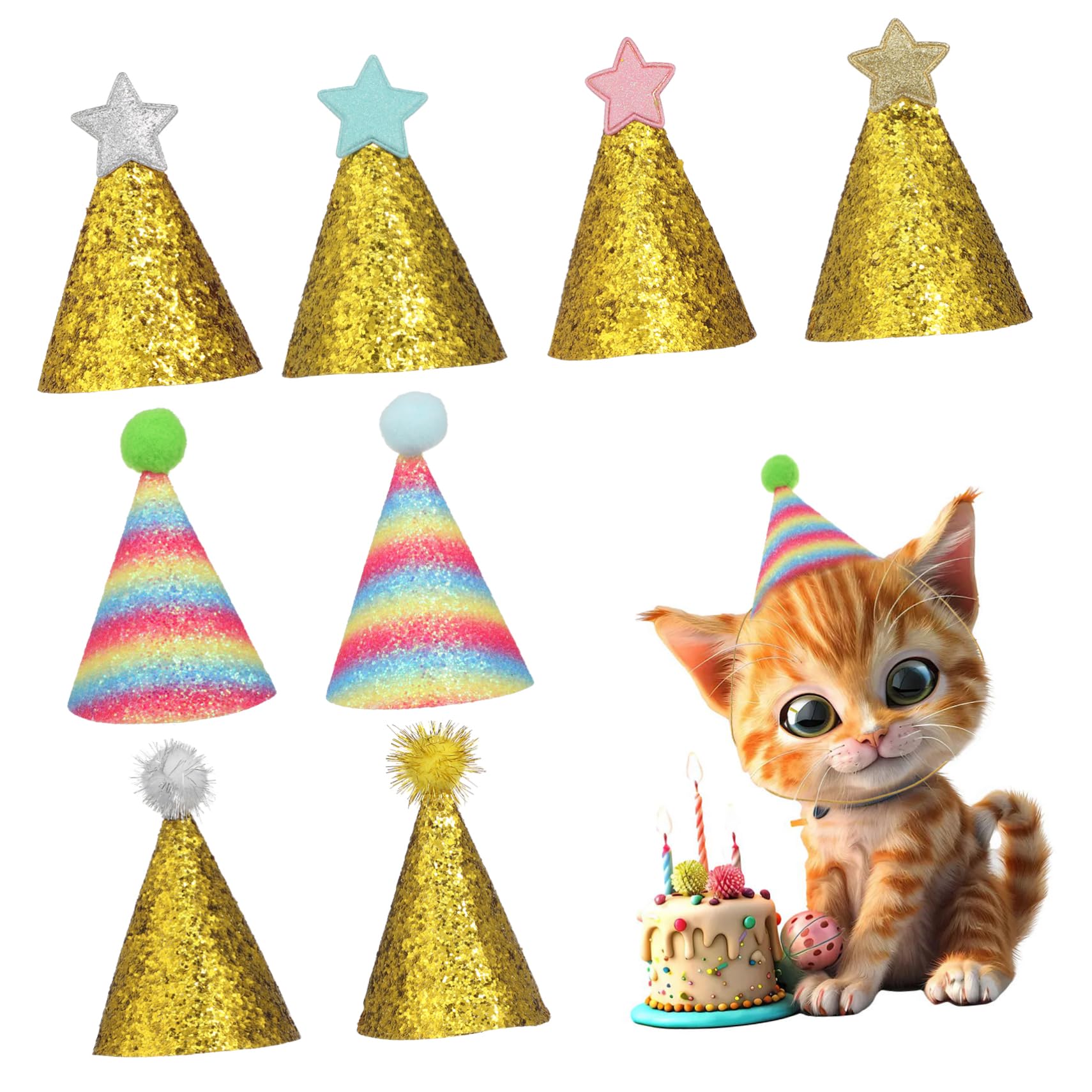 VANZACK 8Pcs Pet Birthday Hats for Dogs and Cats Headwear with Elastic Bands Festive Party Accessories for Celebrations and Photo