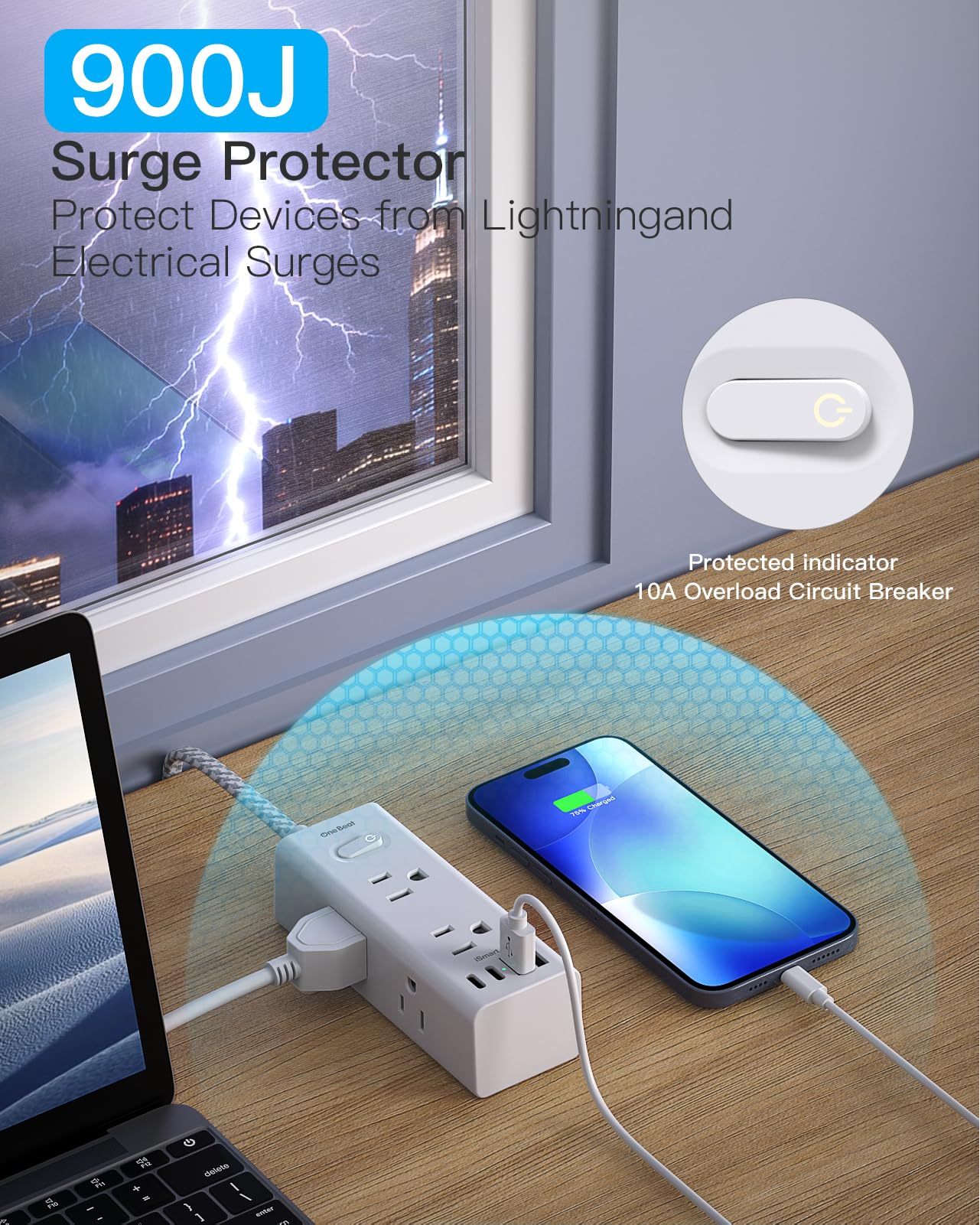One Beat Surge Protector Power Strip, 5 Ft Flat Plug Extension Cord, 900J — Amazon image 5