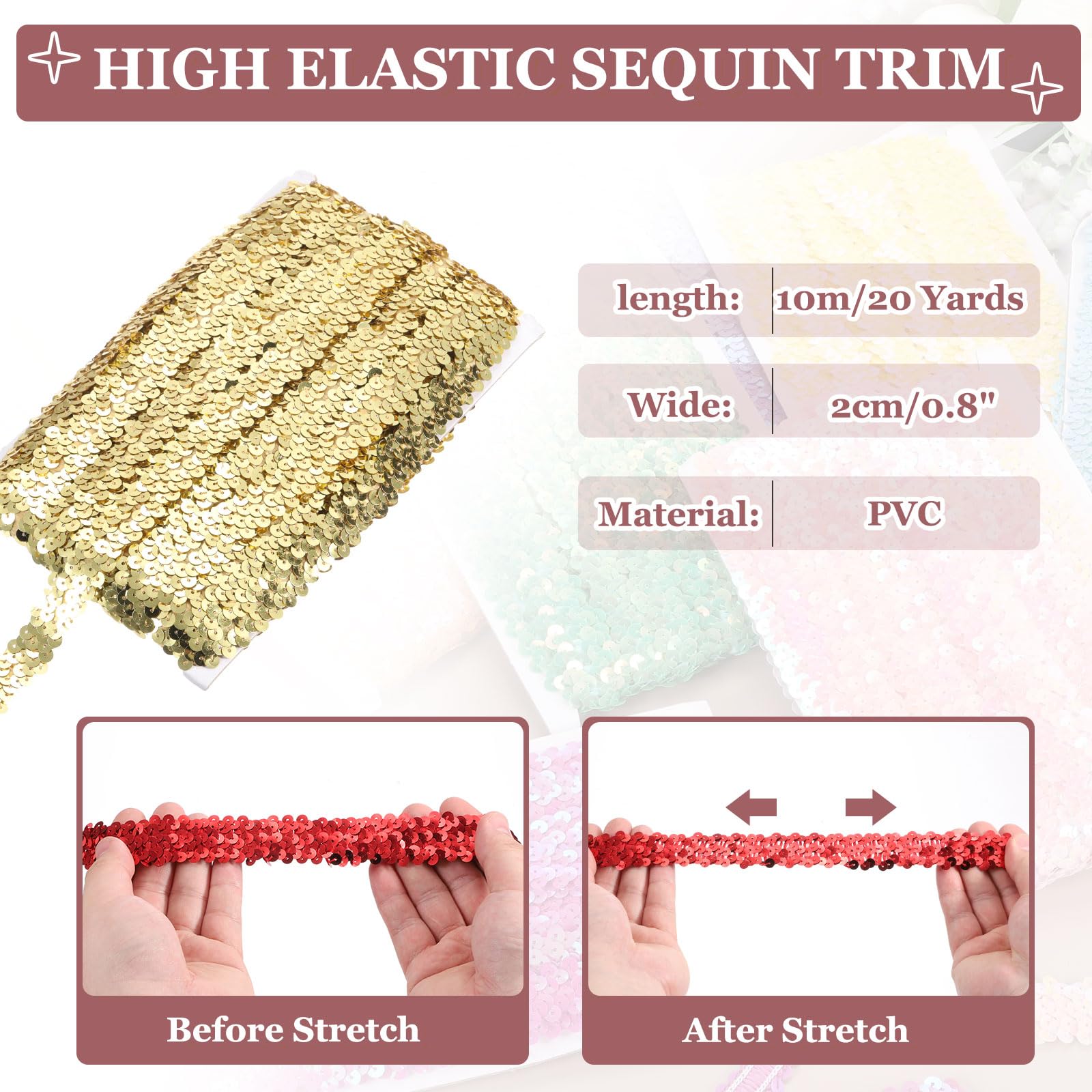 MECCANIXITY 20 Yard x 0.8 Inch Elastic Sequins Trim Flat Stretchy Sequin Strip Paillette Fabric Ribbon Band for DIY Crafts Sewing Dress Gold