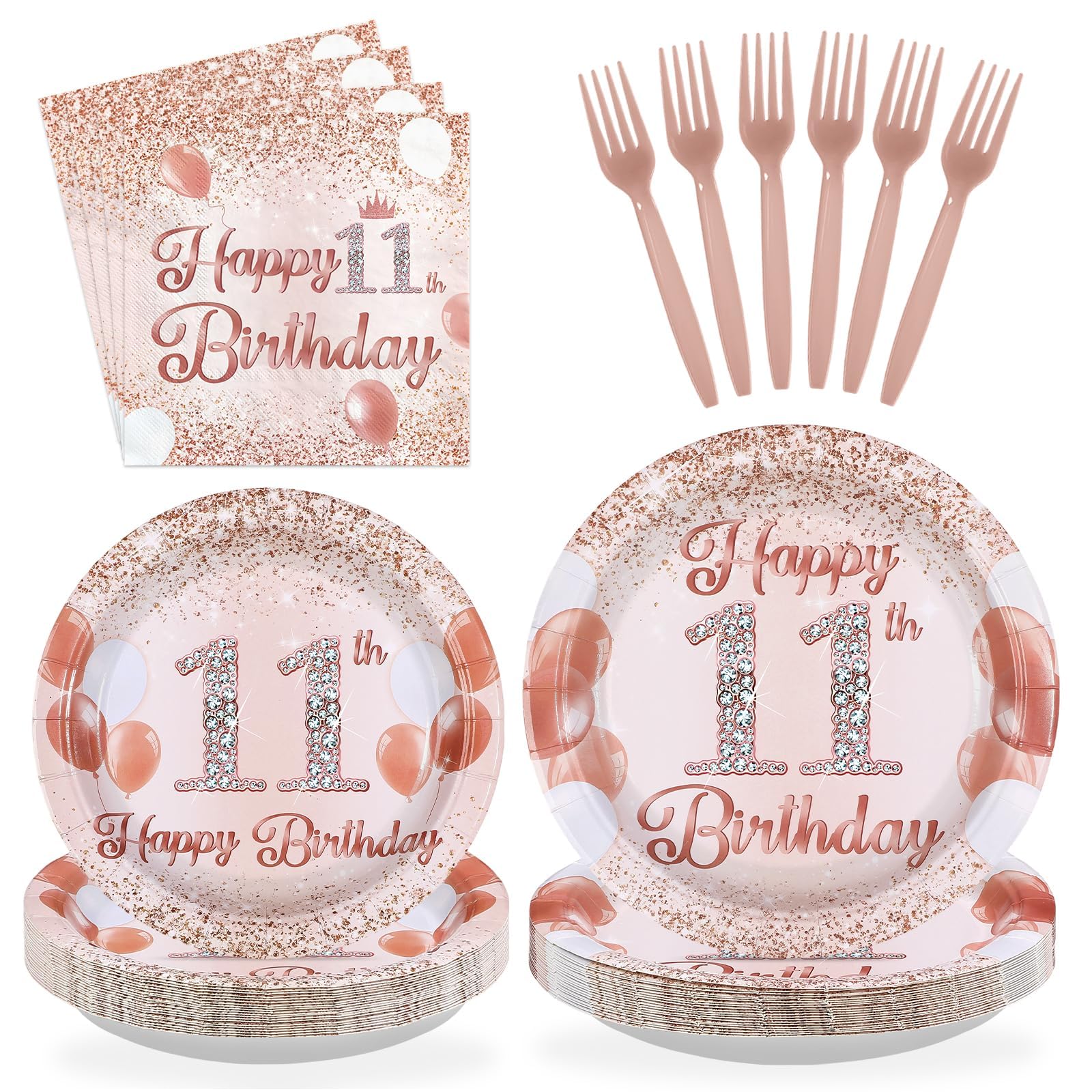Grencian 96Pcs Rose Gold 11th Birthday Party Decorations, Serve 24