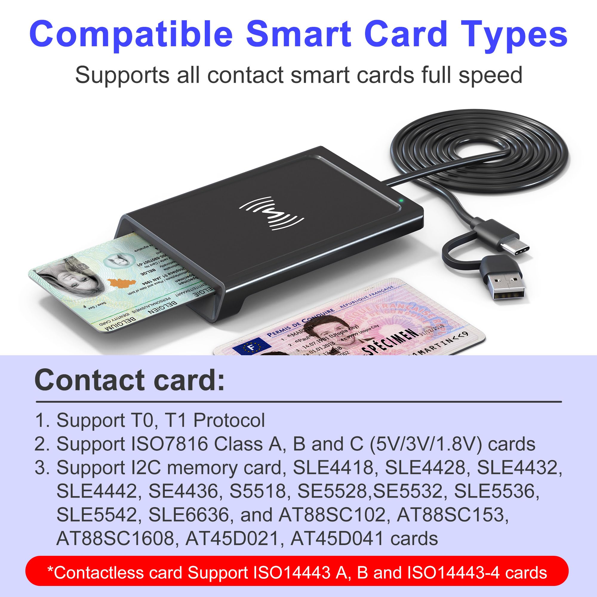 Lecteur de Carte Identité Belge & Française avec NFC - Lecteur de cartes Type-C/USB pour Carte Vitale CPS/Chronotachygraphe/Conducteur poids lourds/Digitale Signature, Conforme ISO 14443-4 et ISO 7816