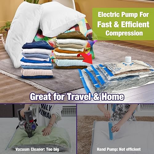 Miniatura 60 de Bolsas de almacenamiento al vacío, 10 bolsas pequeñas para ahorrar espacio, con bomba de mano para viaje, bolsas con sellado al vacío para ropa